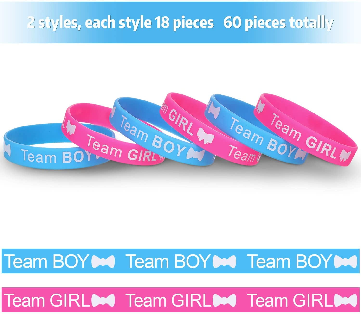 Details about   72 PC Gender Reveal Set Include 36 Button Pins & Bracelets Team Boy Girl Silicon 