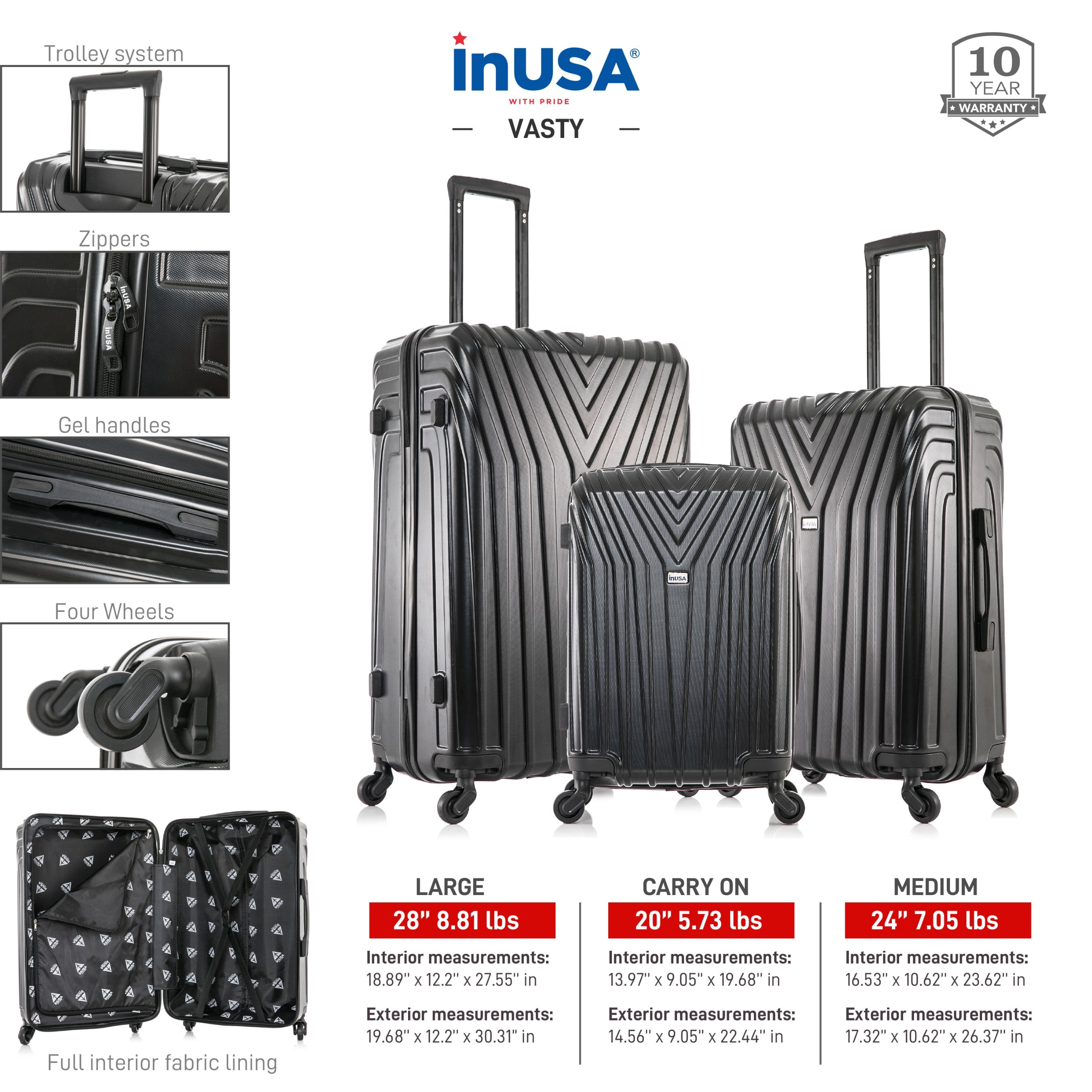 InUSA Vasty 3-Piece Hardside Luggage Sets with Spinner Wheels, Handle, and Trolley, (20"/24"/28"), Black