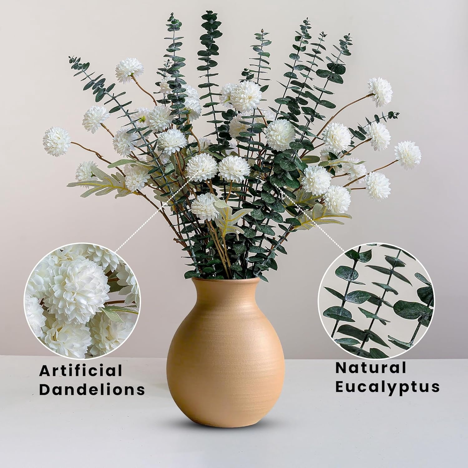 Artificial Eucalyptus Stems and Faux Chrysanthemum Flowers 6 Stems Artificial Mum Flower with 10 Branches Eucalyptus Stems for Wedding Bouquet Home Office Party Floral Arrangements