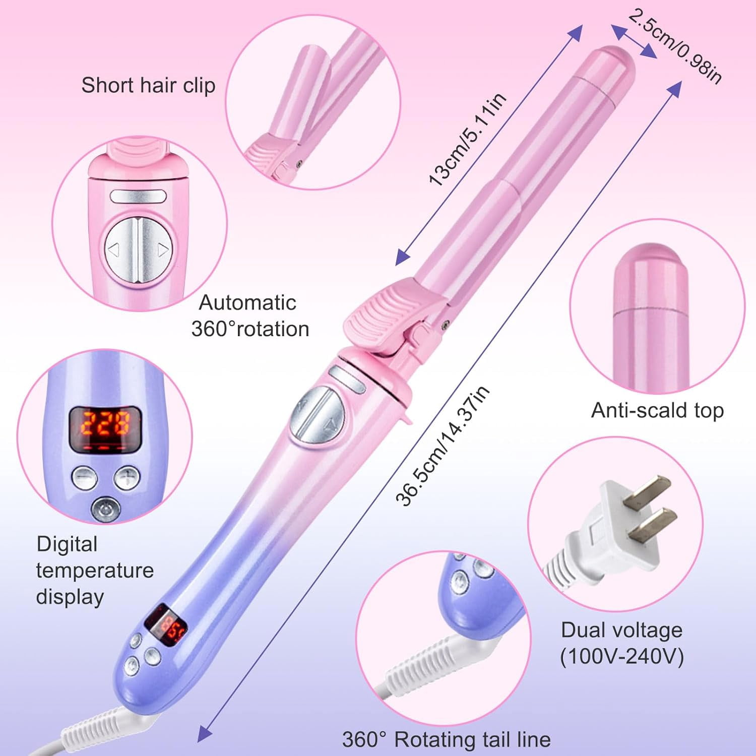 Curling Iron，Automatic Curling Iron，Ceramic Material Does not harm Hair, Temperature Display, Ceramic Heat Pipe Length 5.1 inches，Pink Sunse