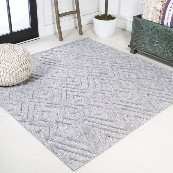 JONATHAN Y IBIZA 5' Square Area Rug, Balansat Moroccan Diamond - Light Gray, IBZ100C-5SQ