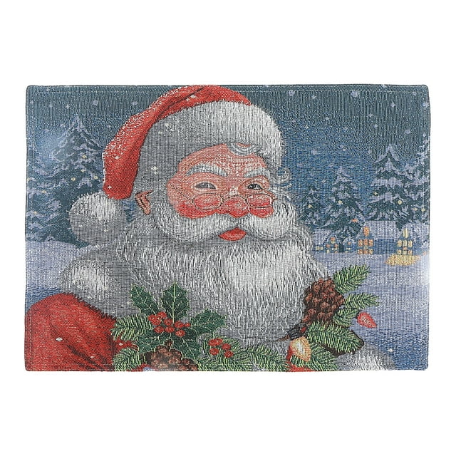 Tapestry Placemat (Santa) (13 X 18) - Set of 12 featuring a woven design of Santa Claus in a red hat and coat holding festive greenery with pinecones and red berries, set against a snowy winter night with lit houses and snow-covered trees, suitable for holiday dining and seasonal table decor.