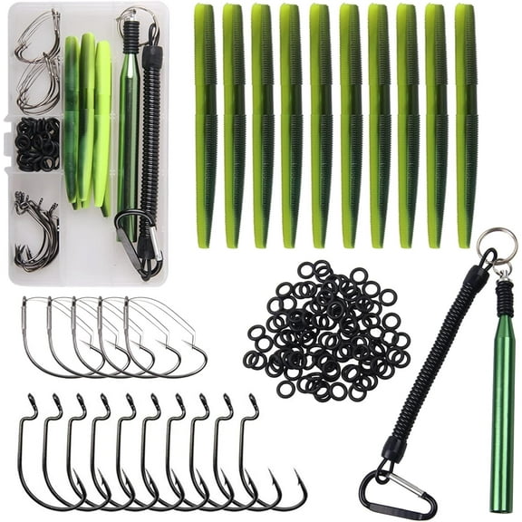 OROOTL Wacky Worm Fishing Lures Kit, Bass Fishing Wacky Rig Kit Soft Plastic Lures Wacky Worm Tool Wacky O-Rings Weedless Worm Hooks Tackle for Bass Fishing