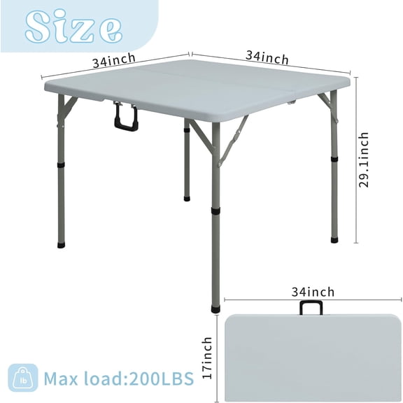 34" Square Folding Table, Multi-Functional Portable Folding Card Table with Carrying Handle for Indoor Outdoor Camping, Picnic, Office, Party Use, HDPE Plastic Tabletop with Metal Frame (Grey)