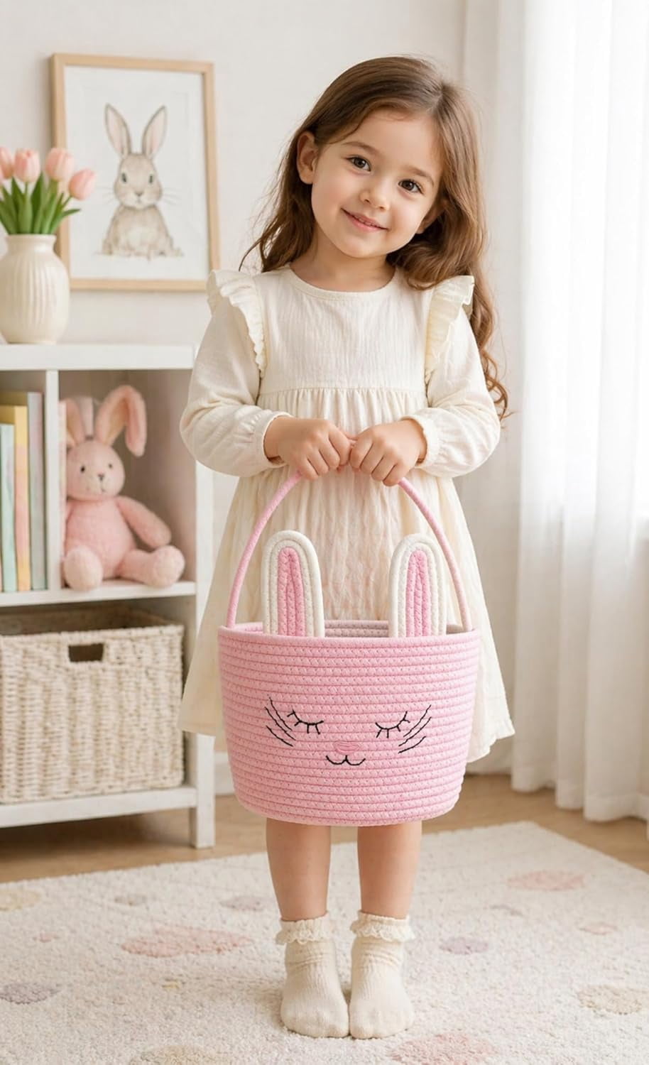 Easter Basket Bunny Design, Gift Basket with Handle, Cute Storage Basket for Eggs Candy Toys, Decorative Organizer for Party Holiday Gifts
