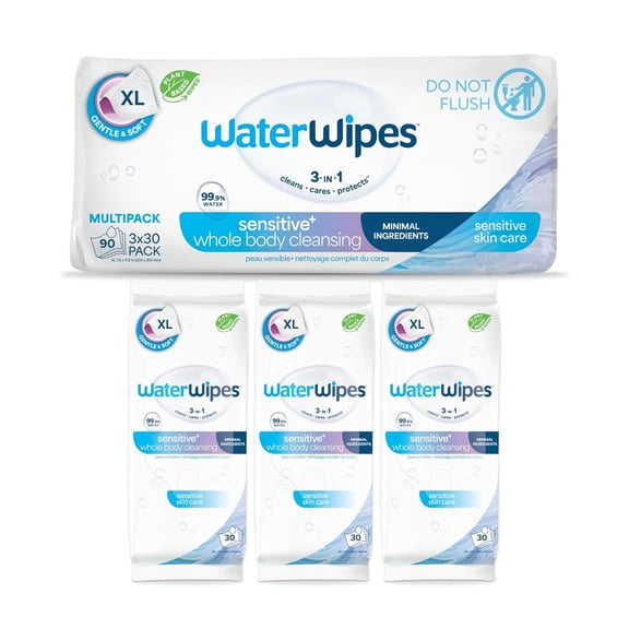 Sensitive Whole Body Cleansing Wipes, 99.9% Purified Water, XL Textured Wipes, Incontinence Care, Fragrance Free, 90 Count