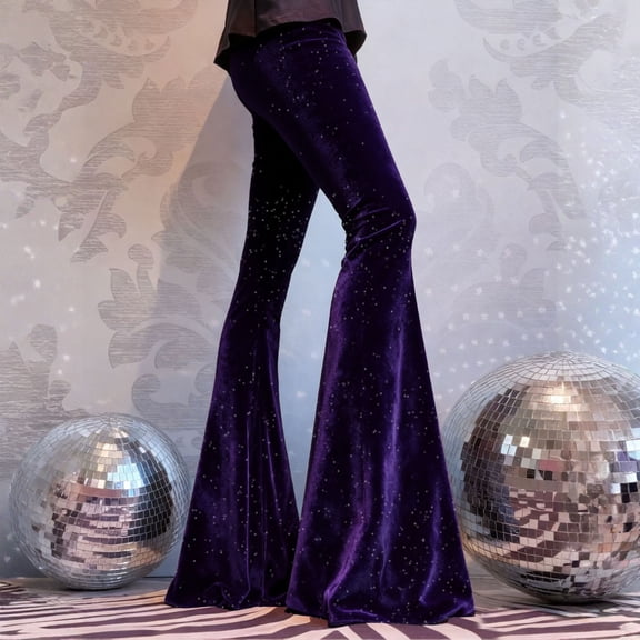 Women's Velvet Flare Pants, Solid Color High Waist Stretchy Bell Bottom Pants, Retro Glam Trousers for Evening or Holiday Events, Purple - S