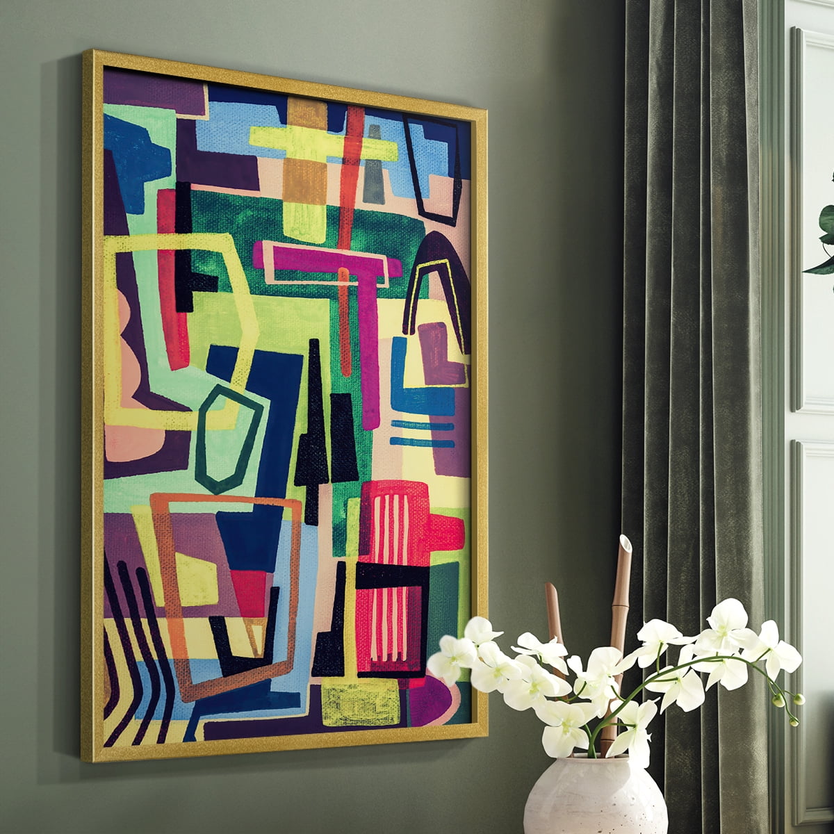 Connected Colors I Framed Print in Gold Solid Wood Framed Print No Nail Hanging