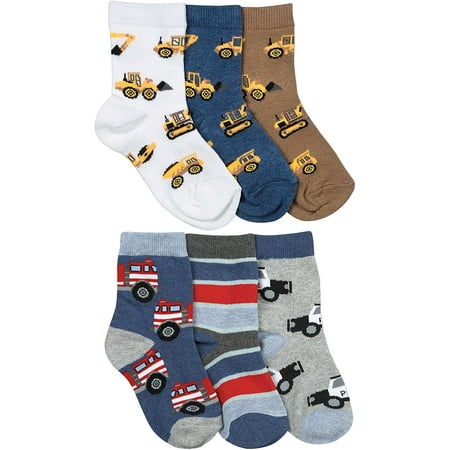 Jefferies Socks Boys Socks, 6 Pack Construction Equipment Rescue Vehicle Fashion Pattern Crew Sizes Toddler and XS - S