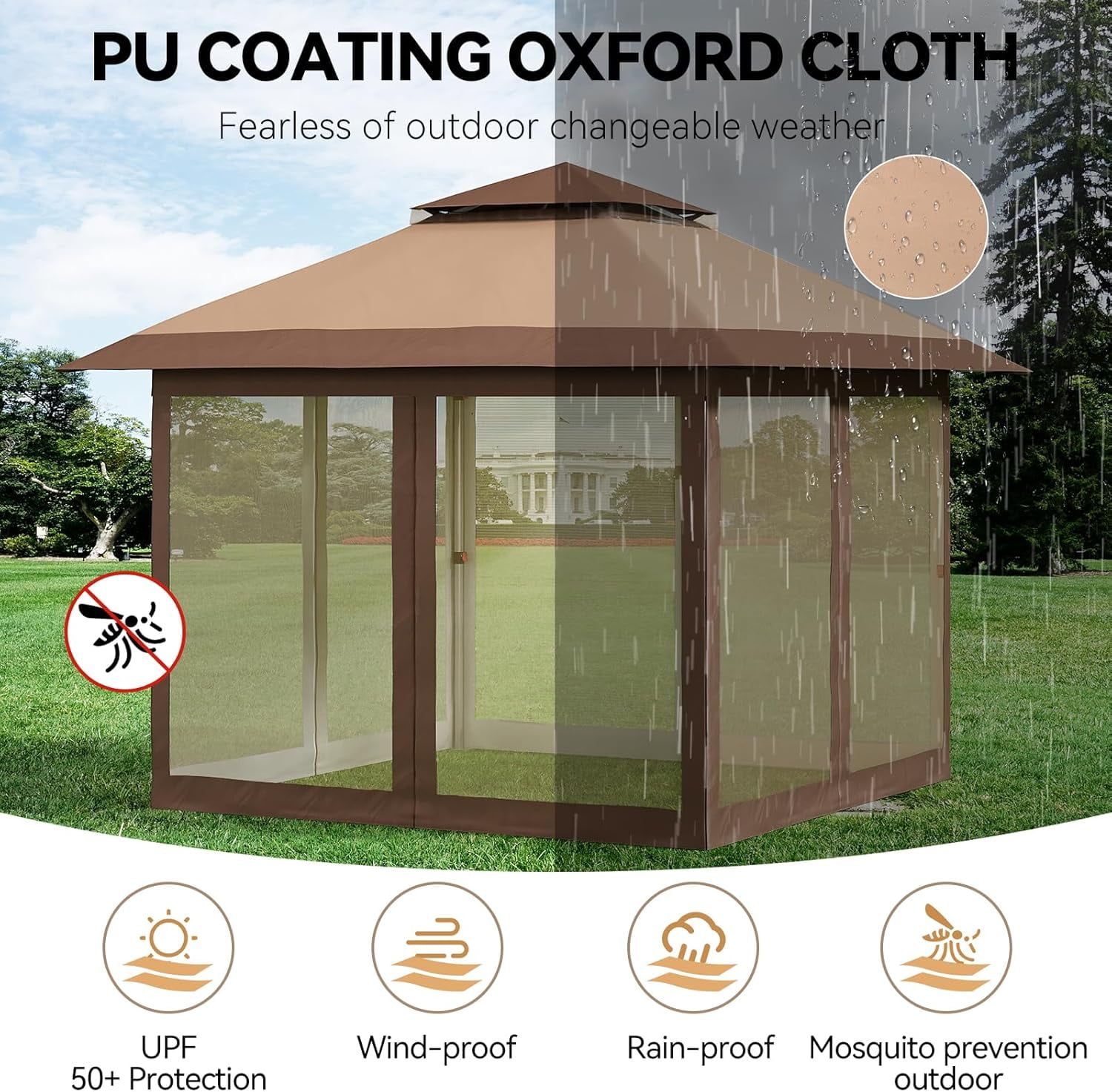 Senfot 12x12 FT Outdoor Folding Gazebo Canopy Tent with Mosquito Net Waterproof Windproof UV Resistant Khaki