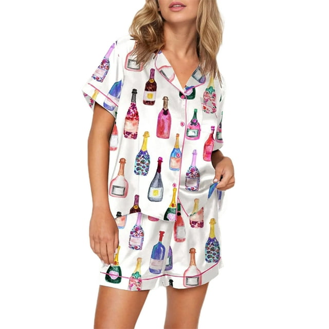 TheFound Women 2 Pcs Lounge Wear Pajamas Set Short Sleeve Champagne Print Button Up Shirt + Shorts