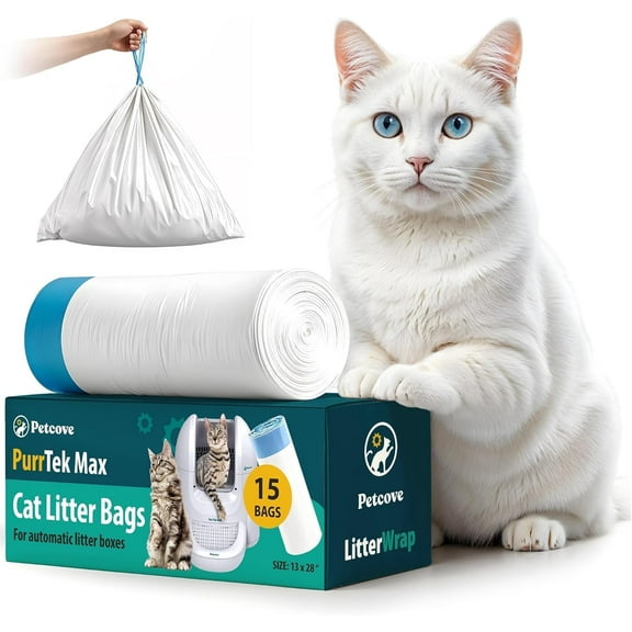 Petcove PurrTek Max Cat Litter Box Liners – 15-Pack Heavy-Duty Drawstring Bags for Automatic & Self-Cleaning Litter Boxes | Jumbo Leak-Proof, Unscented Odor Control, Precision Fit Replacement Refills