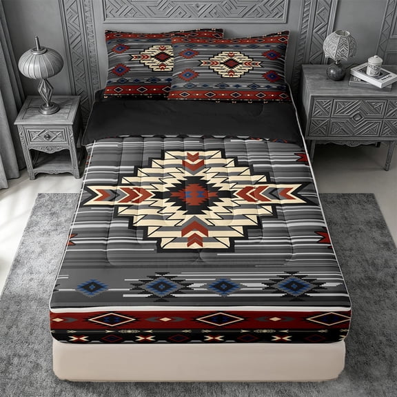 jejeloiu Bold Tribal Zipper Twin Comforter Sets with Fitted Sheet and 2 Pillowcases,Southwest Print Zipper Bedding Set For Boys,Red Gray,Black Reversible,4 Pieces