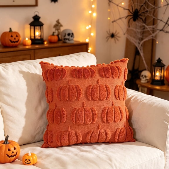 Halloween Throw Pillow Covers 18x18, Fall Decor Autumn Pumpkin Pillow, Soft Plush Faux Fur Cushion Cases for Couch Sofa Chair Caramel