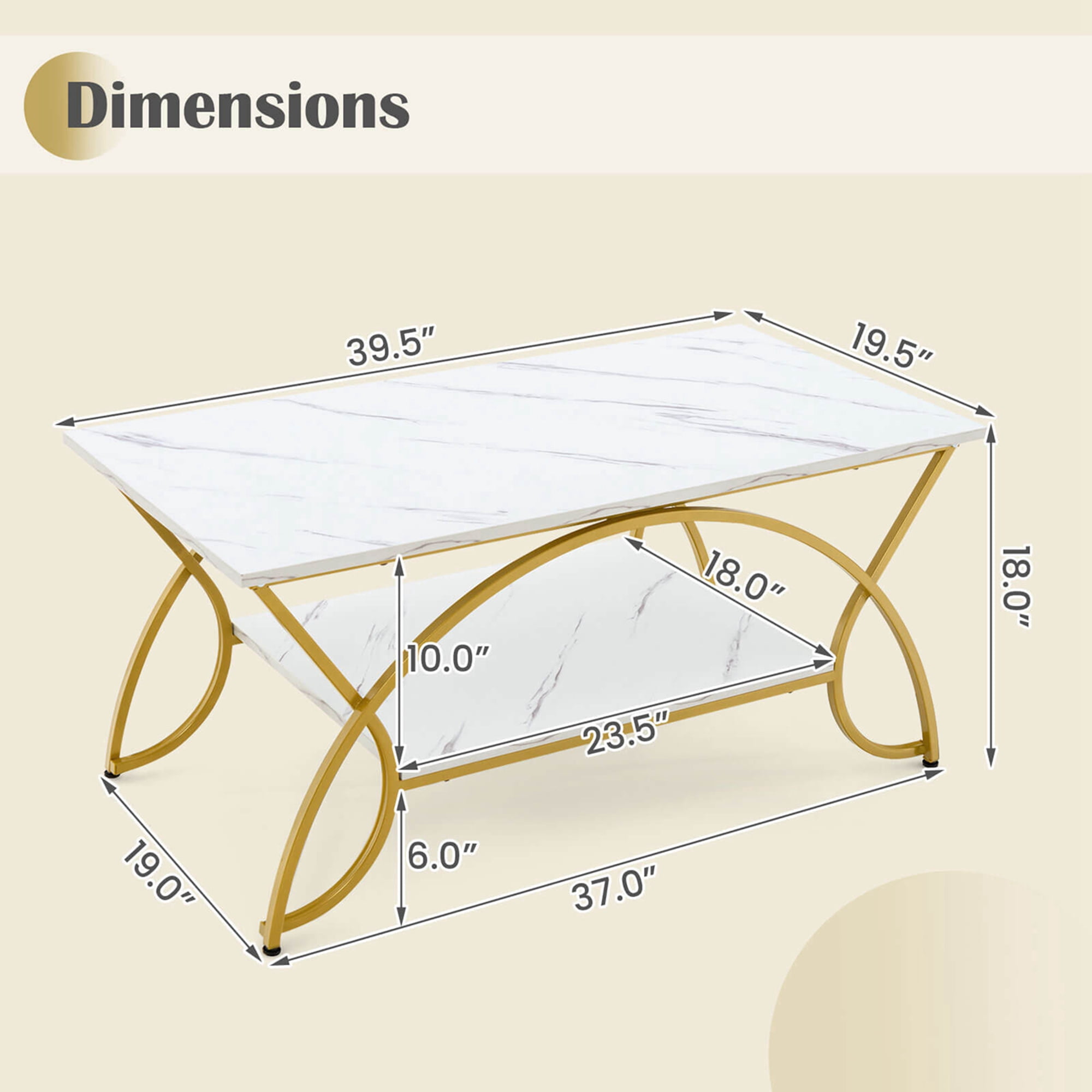 Costway Coffee Table Modern Marble 2-Tier Coffee Table  Gold Rectangle for Living Room