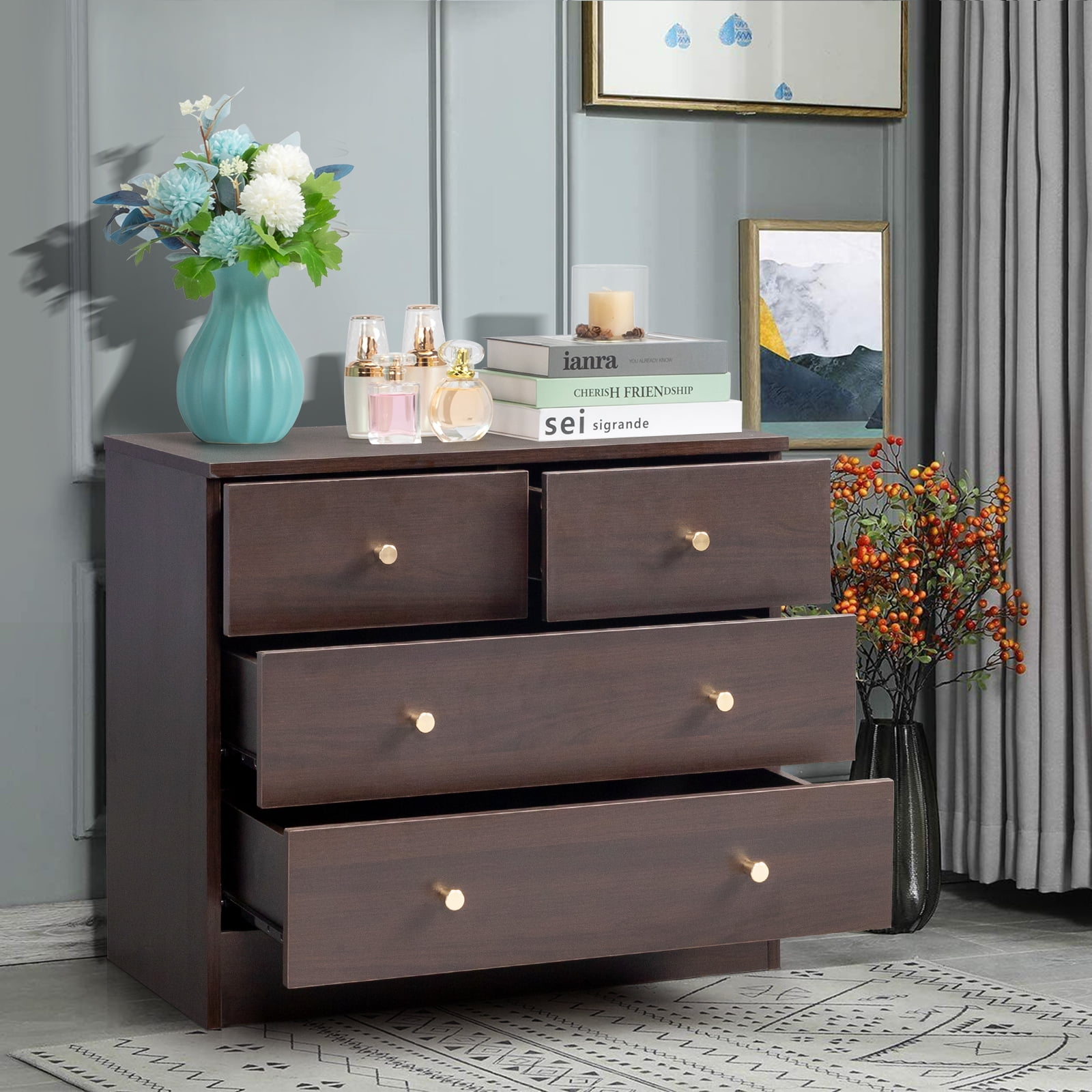 UBesGoo Modern Wood 4-Drawer Dresser Chest Bedside Table for Bedroom,Living Room,Brown