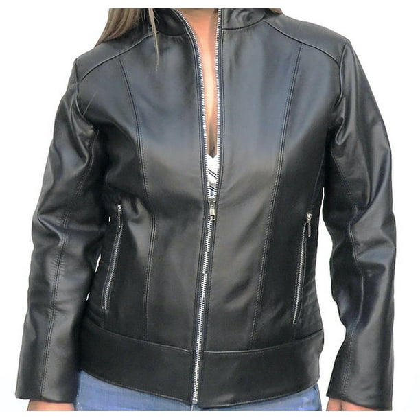 Chamarra de piel negra estilo bomber con líneas y bolsas al frente para dama Castelli Leather Authentic Pamela Bomber con cuello alto