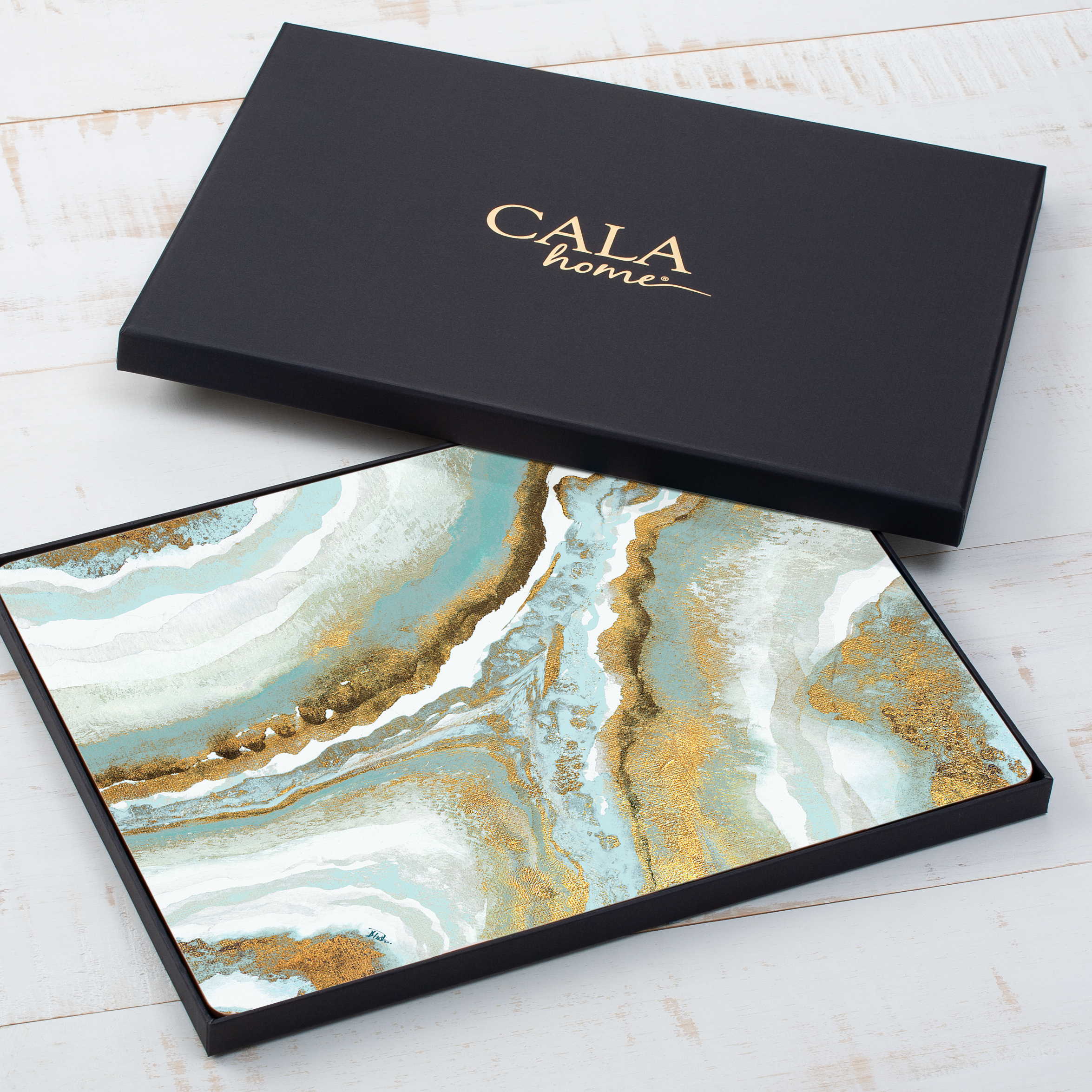 Cala Home "Teal Agate" Premium Decorative Hardboard Cork Back Tabletop Placemats 4 Pack