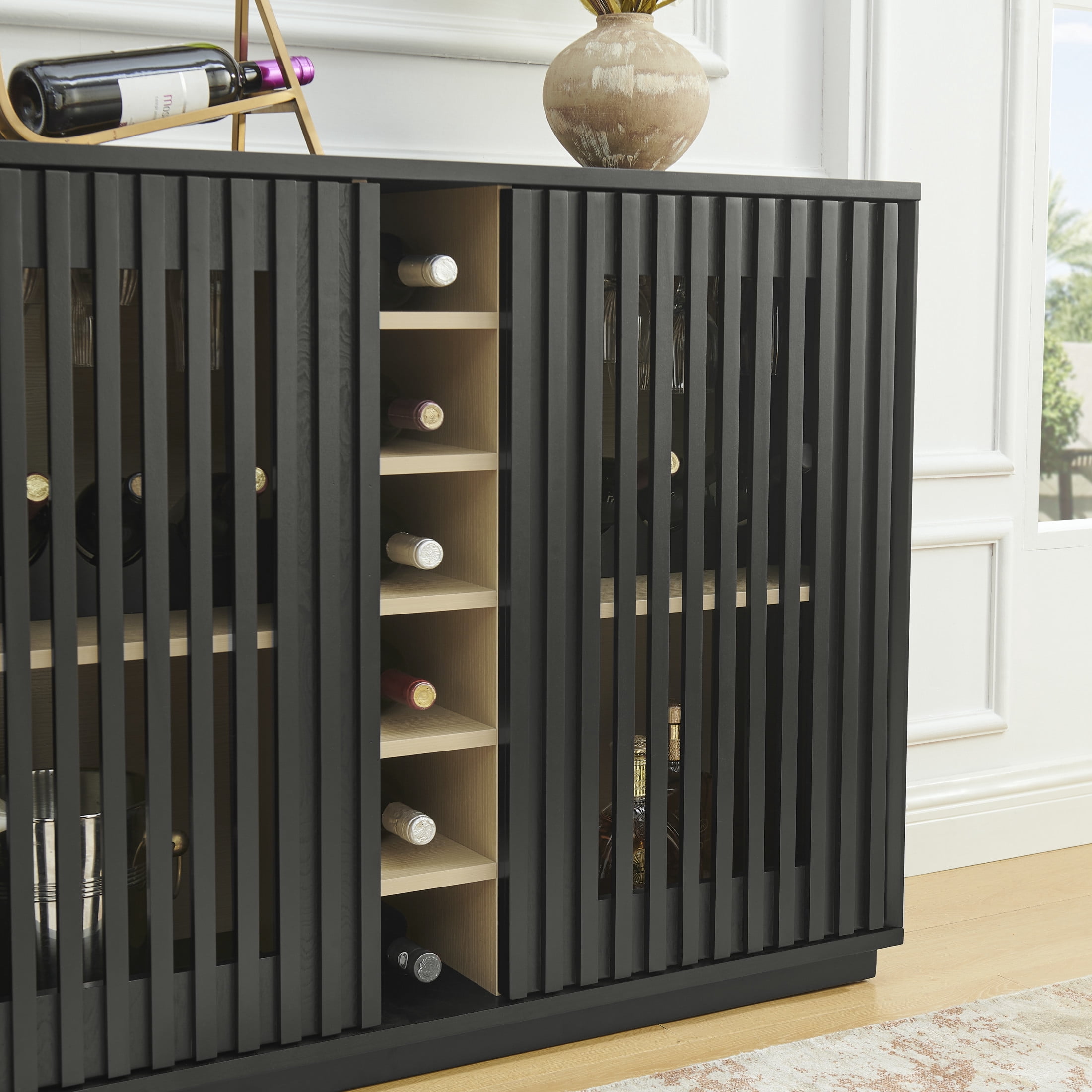 GDF Studio 43.1" Mid Century Modern Fluted Liquor Cabinet with Wine Rack & Glass Holder, Black