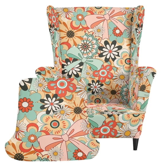 XYZCANDO Retro Floral Bow Wingback Chair Cover, Stretch Washable 1-Piece Wing Chair Slipcover for Living Room, Non-Slip Furniture Protector for Home Decor