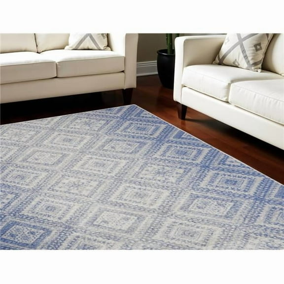 HomeRoots 551406 8 x 12 ft. Geometric Distressed Non Skid Rectangle Area Rug, Ivory & Blue