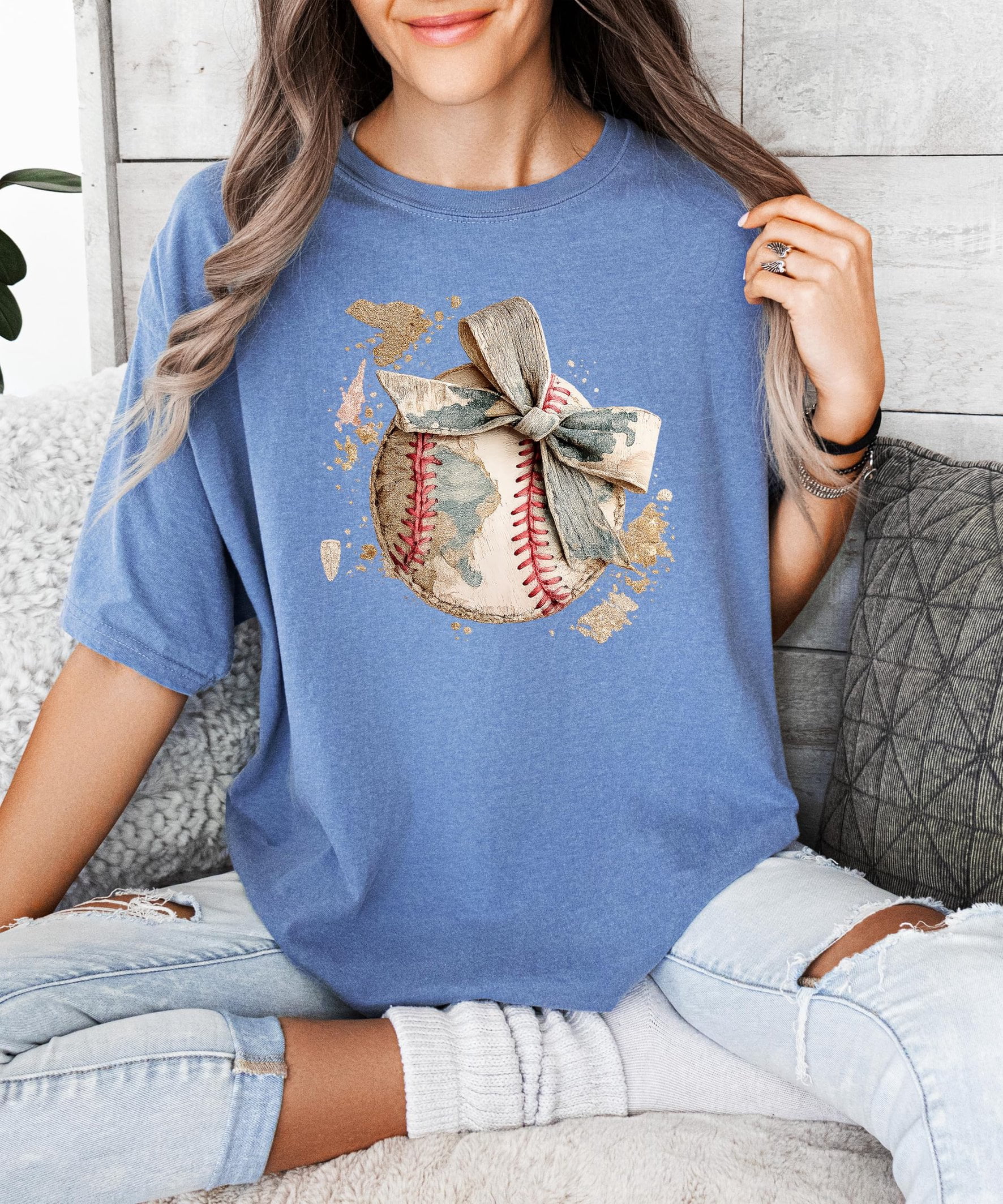 Cute Baseball Bow Shirt for Women - Coquette Game Day Tee - Trendy Sports Mom T-Shirt Blue Jean Shirt Adult 2XL
