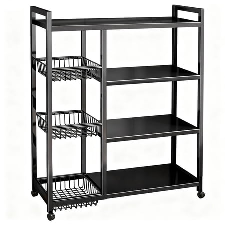 movable wire rack, heavy-duty 4-tier storage shelf with 3 baskets and wheels, metal shelves organizer for kitchen, bathroom, office, garage, 31.5''l*12.6''w*42.5''h