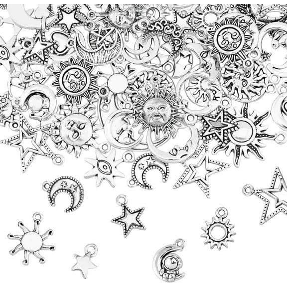 70Pcs Tibetan Alloy Pendants Sun Moon Star Jewelry Charms Antique Silver Star Pendant Moon Dangle Pendants for Jewelry Making Hole: 1.8mm DIY