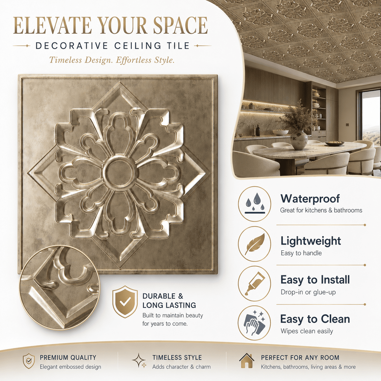 Yeslife 12-Pack 23.8" x 23.8" PVC Drop Ceiling Tiles, Antique Gold Vintage 3D Embossed Panels, Waterproof Glue-Up Ceiling Tiles for Walls, Ceilings, Home and Office, 48 Sq.Ft