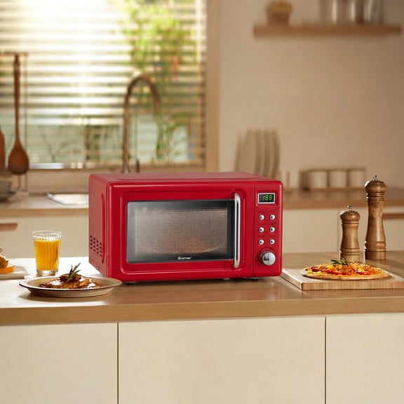 700W Retro Countertop Microwave Oven, 5 Power Levels, 8 Auto Cooking Menus, 0.7 Cu. Ft, Light Red