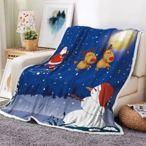Blue Christmas Blanket, Santa Claus Reindeer Pine Tree Snowman Blanket and Throws,Soft Flannel Fleece for Bedroom, Living Room Outdoor Blankets, 60X90IN