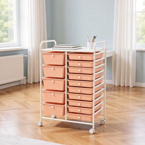 Barara King File Cabinet, File Stroage Organizer,15-Drawer Utility Rolling Organizer Cart Multi-Use Storage-Peach