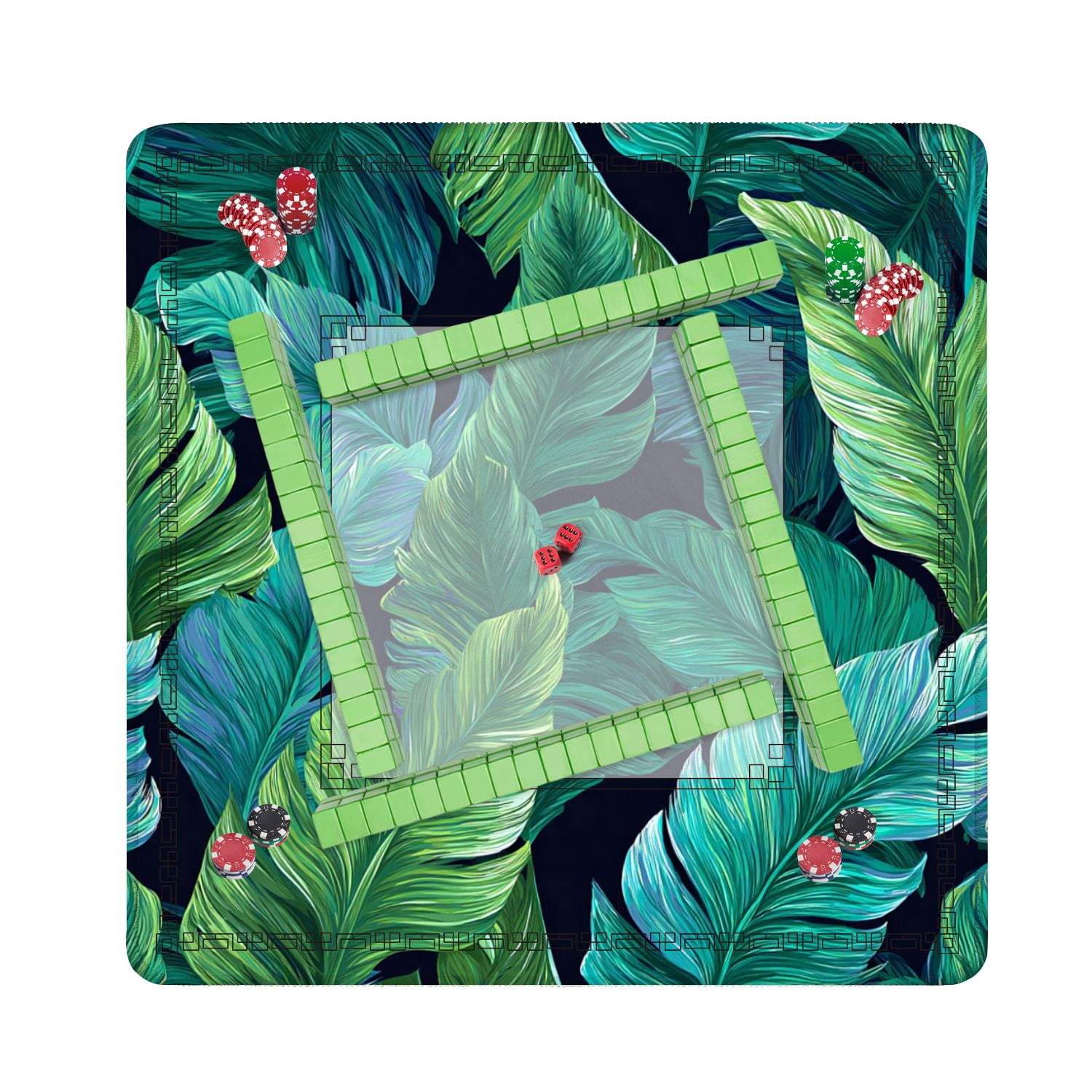 Mahjong Mat 31.5" x 31.5" turquoise green tropical leaves Seamless graphic design Non-Slip Noise Reduction American Mahjong Tiles Table Cover for Dominoes Poker Card Board Games Gift