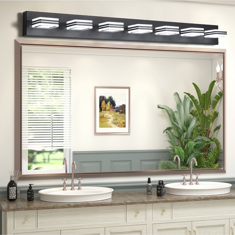45" Modern 7-Light Black Sleek LED Vanity Light for Bathroom, Wall Mounted Dimmable Fixture with Iron Frame and Acrylic Shade, Ideal for Over Mirror Lighting