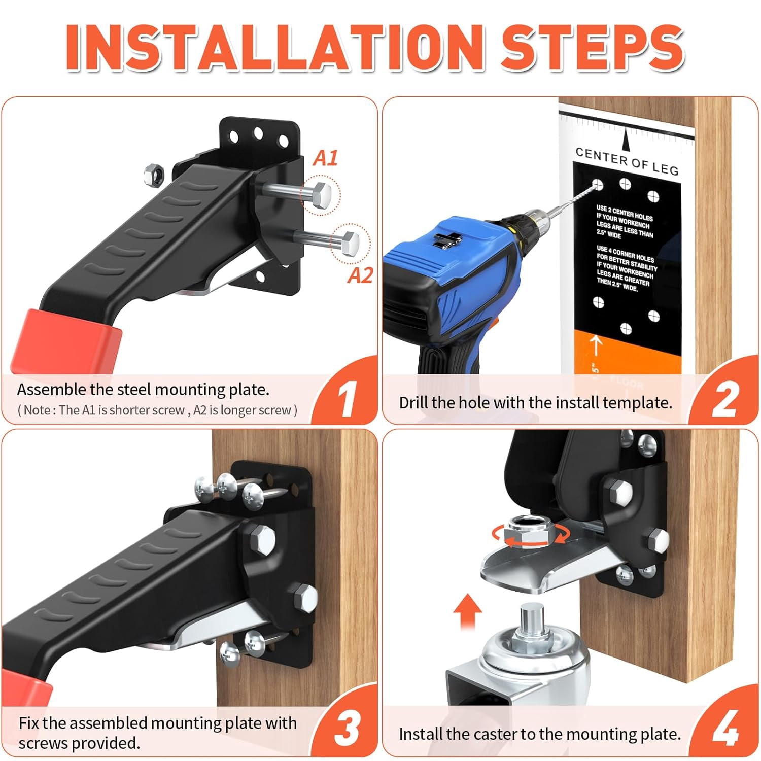 4 Pack Workbench Casters kit 660/720/880/990 Lbs - Retractable Casters Heavy Duty Bench Caster Wheels Designed for Workbenches Machinery & Tables,