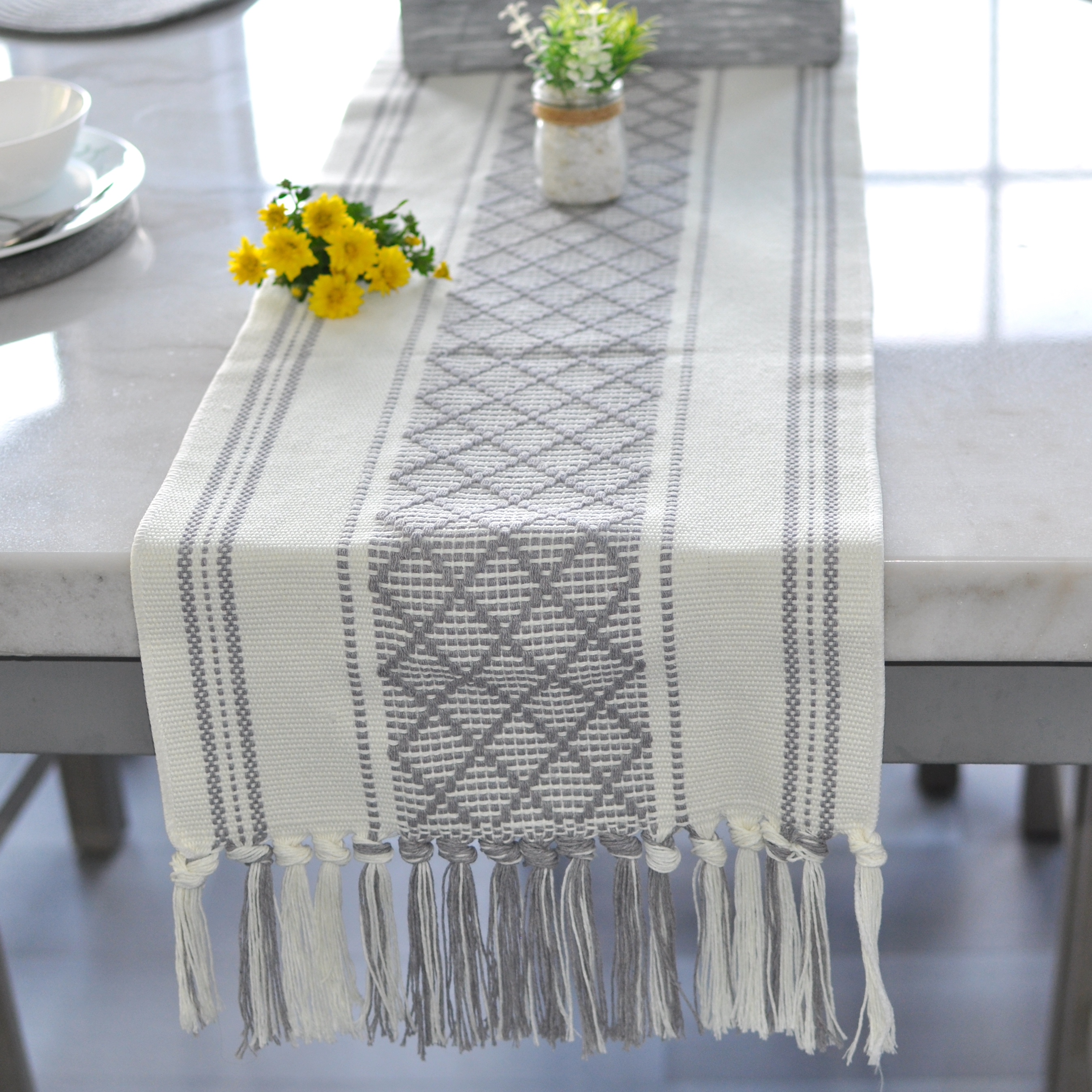 Oveesha Boho Dining Table Runner with Tassels 14 x 72 Inches, Black and Cream | Boho Dresser Scarf / Cotton Woven Console Table or Buffet Top Cover