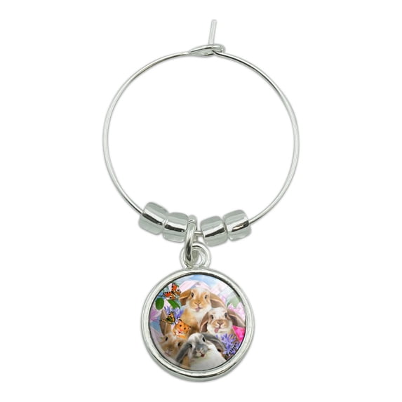 Rabbits Bunnies Hampster Backyard Flower Selfie Wine Glass Charm Drink Marker