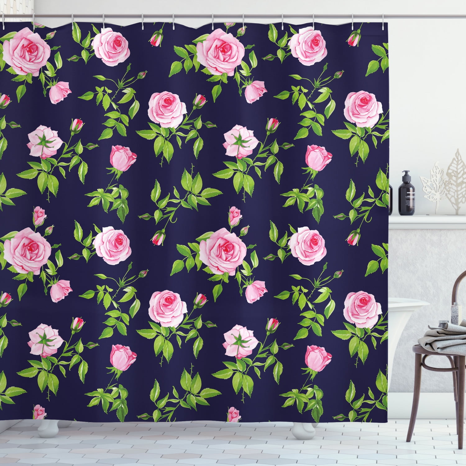 Navy and Blush Shower Curtain, Vintage Roses and Buds Romantic Feminine