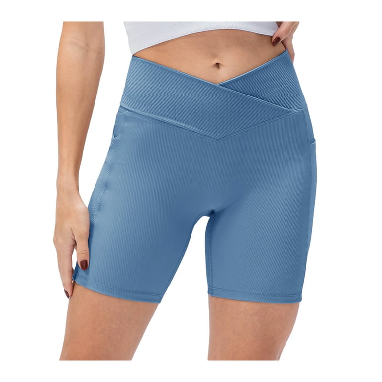 Womens 5 Crossover Workout Shorts High Waisted Ribbed Butt Lift Biker  Running Compression Yoga Shorts