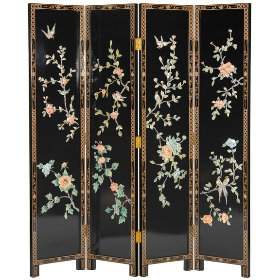 Oriental Furniture 6 ft. Tall Lacquer Birds and Flowers Room Divider - 4 Panel
