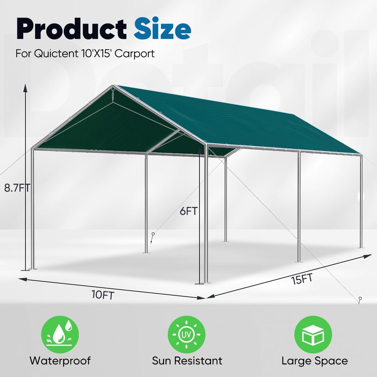 Quictent 10X15ft Upgraded Carport, Heavy Duty Car Canopy Carport Canopy Portable Garage Shelter Party Tent with 3 Reinforced Steel Cables, Green