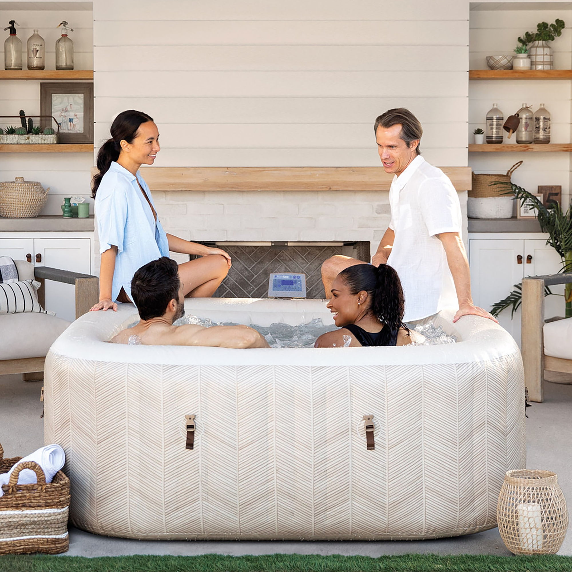 Intex: PureSpa: Chevron Deluxe Inflatable Hot Tub Set - 4 Person - 69" Square Outdoor Heated Bubble Spa, Jet Massage, Cover, Hard Water Treatment