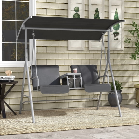 Outsunny 2 Person Porch Swing with Stand, Outdoor Swing with Canopy, Pivot Storage Table, 2 Cup Holders, Cushions for Patio, Backyard, Gray