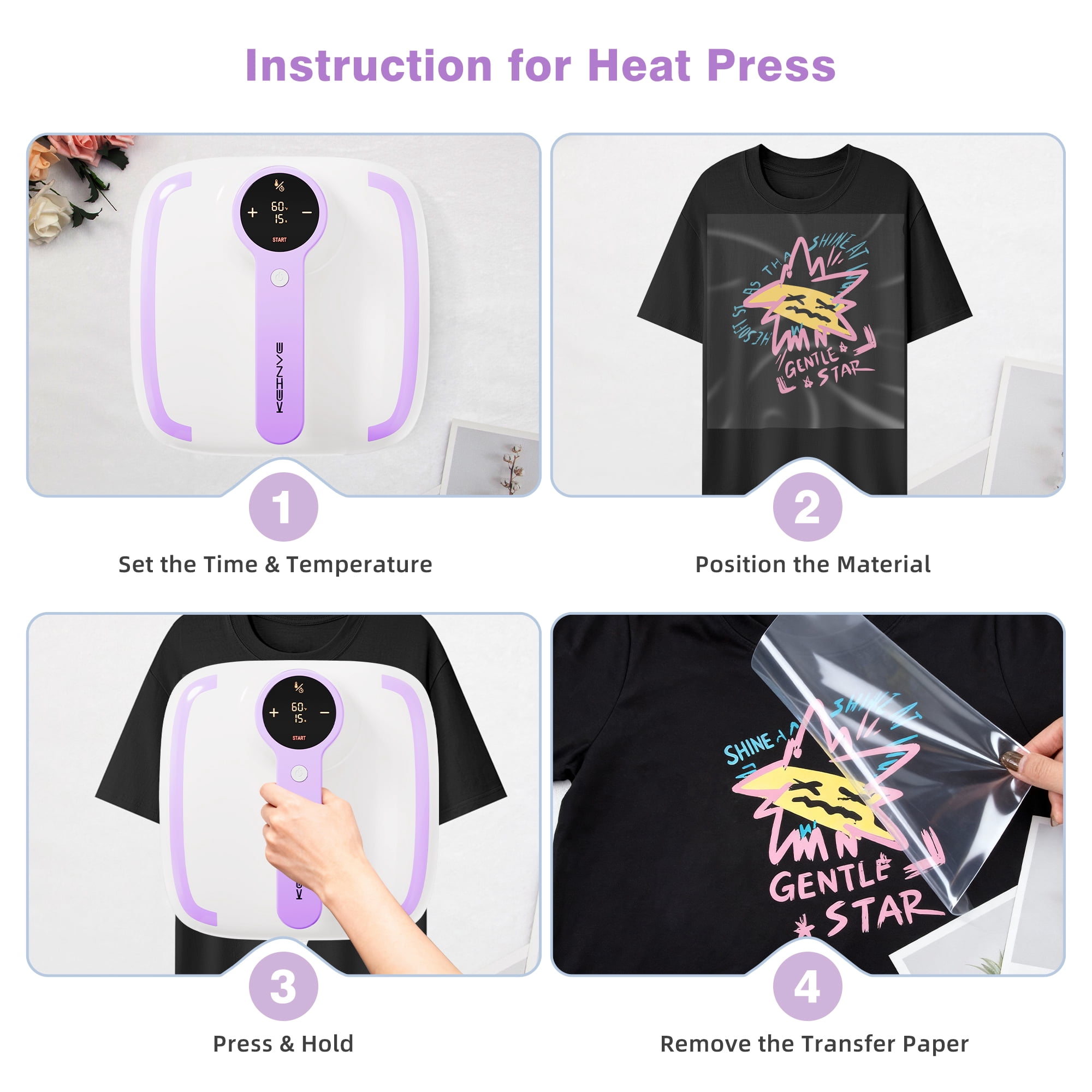 10"x10" Heat Press Machine for T-Shirts, Fast Heating with Timer & Auto Shut-Off, DIY Iron-On Transfer Press for Clothes & Bags, Purple