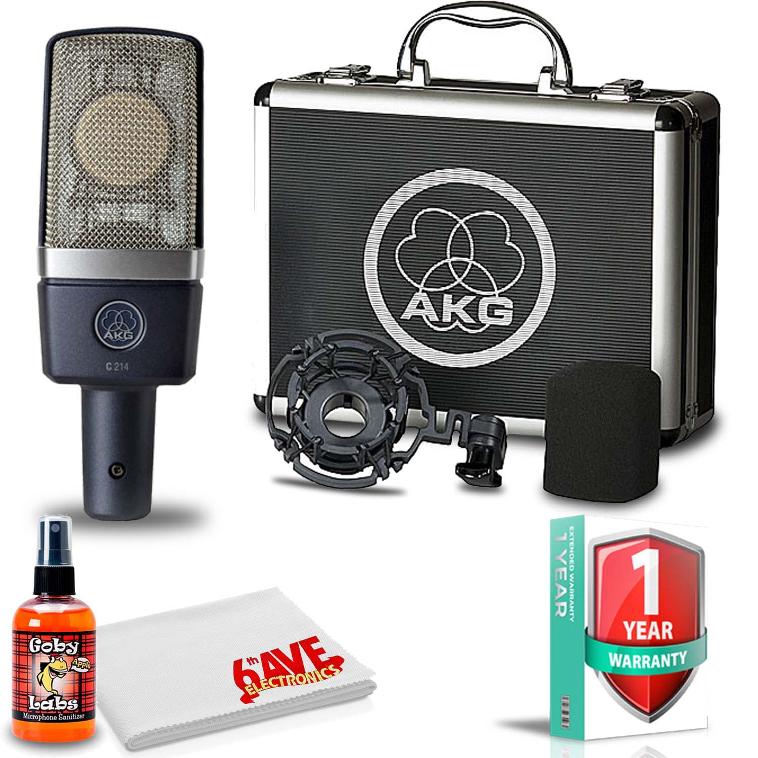AKG C214 LargeDiaphragm Condenser Microphone with Shockmount, Carrying Case, 6Ave Mic Cleaning