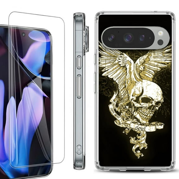 For Google Pixel 9 Pro XL Phone Case Cover, Shockproof Bumper Case with Tempered Glass Screen Protector, by OneToughShield - Wing Skull