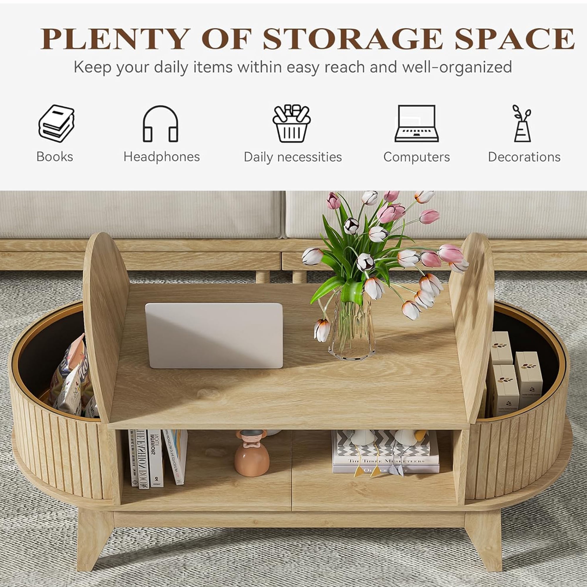 Coffee Table with 2 Hidden Compartment, Wooden Coffee Table with Open Shelf, Center Table for Living Room, Wood Color