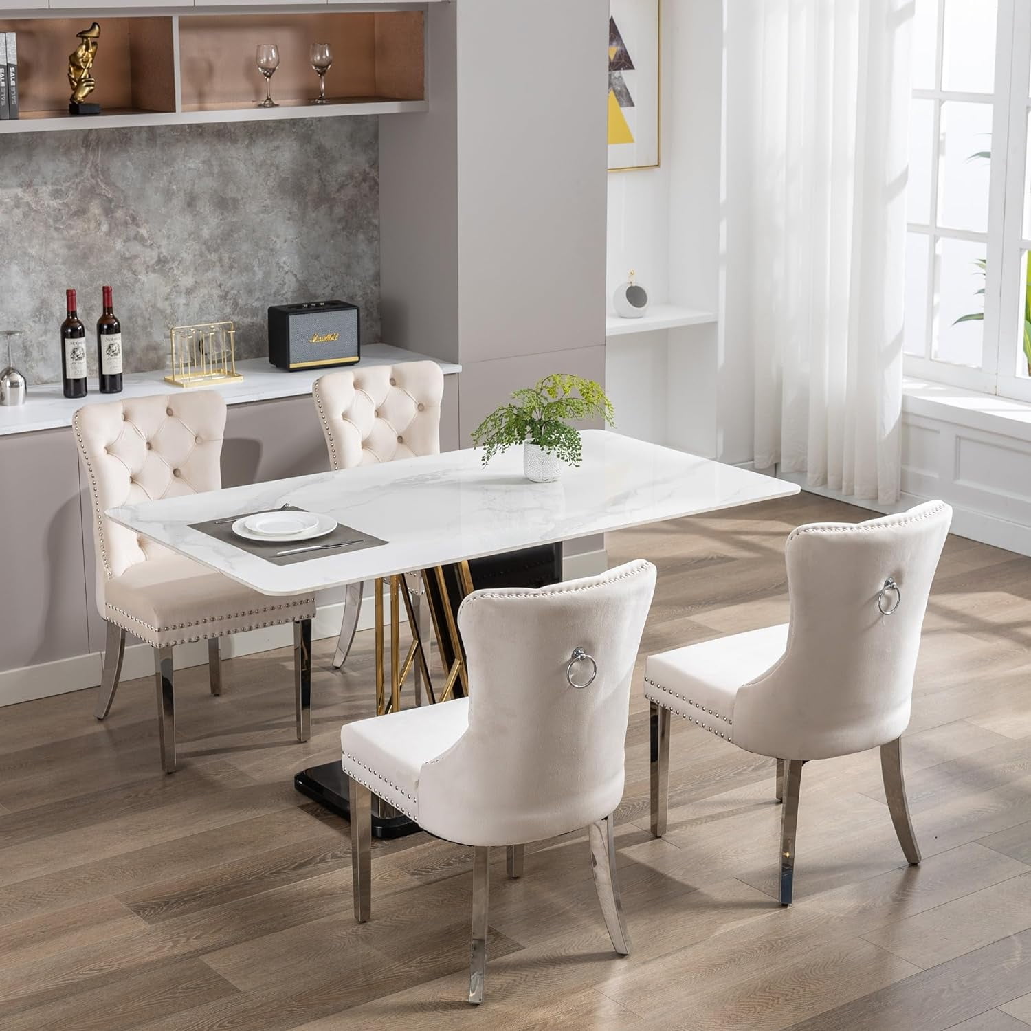 Westice Dining Room Chairs Set of 4, Button Tufted Velvet Chairs with Modern Stainless Steel Legs, Rivet Trim Metal Pull Ring Large Back for Kitchen Dining Room Restaurant, Beige