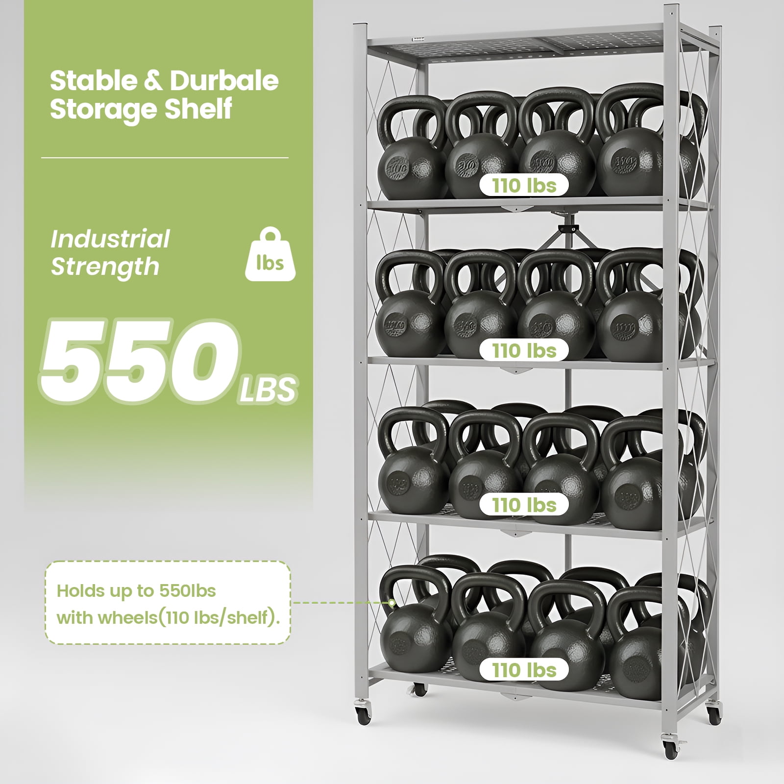 Foldable Shelves with Wheels, 5-Shelf Folding Metal Rack Organizer for Kitchen Garage Basement, Large Capacity Rolling Storage Shelf, Easy Fold & Roll, Gray