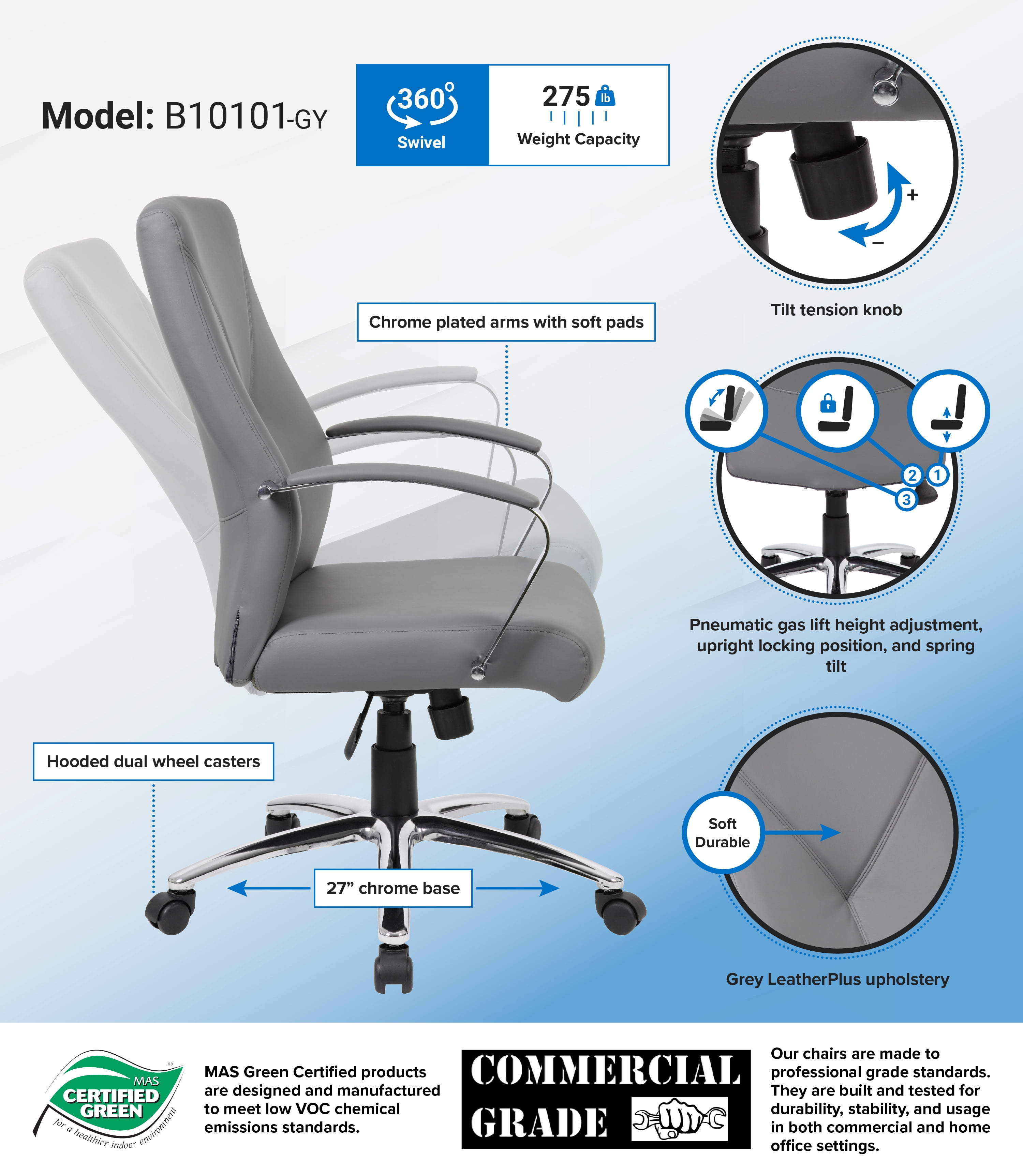 Boss Office Products LeatherPlus Home Office Adjustable Executive Chair with Casters, Grey